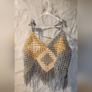 Handmade Granny Square Crochet Top - Boho Chic Fringe Festival Tank - M/L